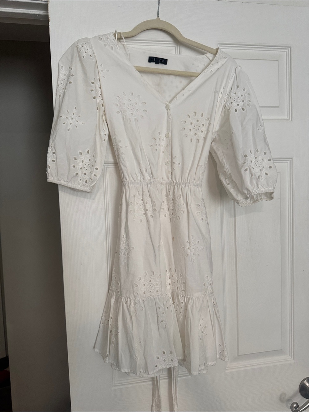 1. State White Eyelet V-Neck Tiered Mini Dress